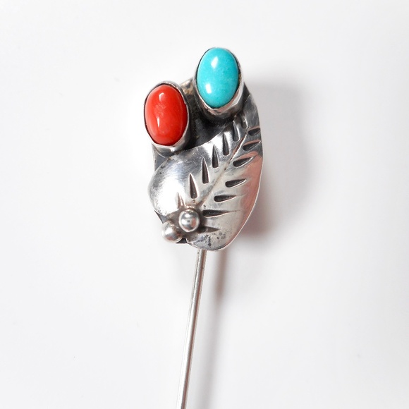 VTG Navajo Roy Vandever Signed Turquoise Coral Stick Pin Sterling Silver Brooch - Picture 6 of 7
